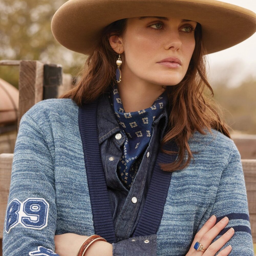 Double D Ranch Blue Sweater with Letter and Number Patches (NWOT)